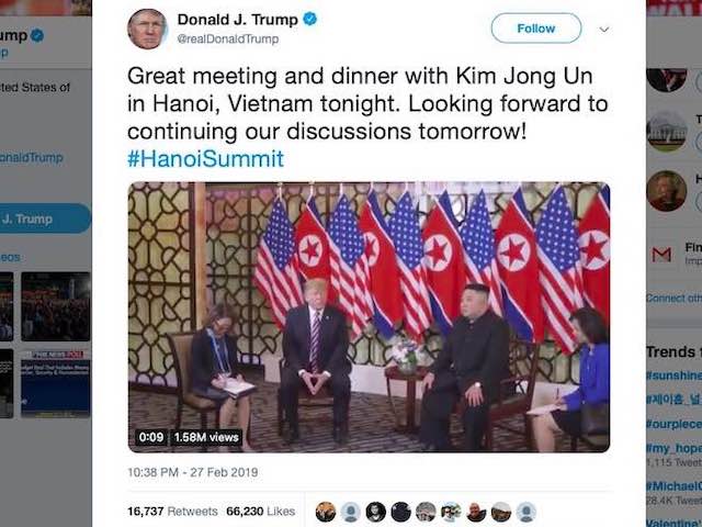 Ông Donald Trump ”tweet” về cuộc gặp và bữa ăn tối với ông Kim Jong Un tại Hà Nội