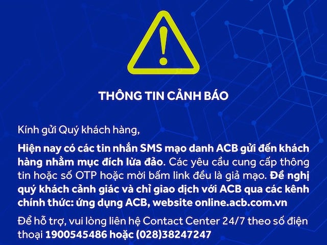 Ngân hàng ACB cảnh báo SMS lừa đảo đến từ tổng đài cùng tên ”ACB”