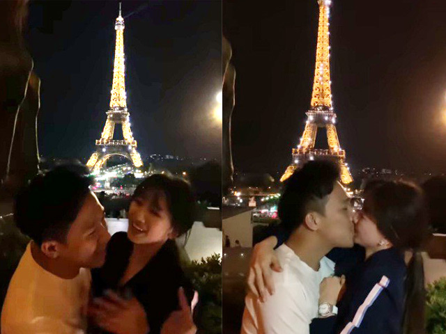 Trấn Thành, Hari Won bị ”ngăn cản” khi hôn nhau say đắm ở Pháp