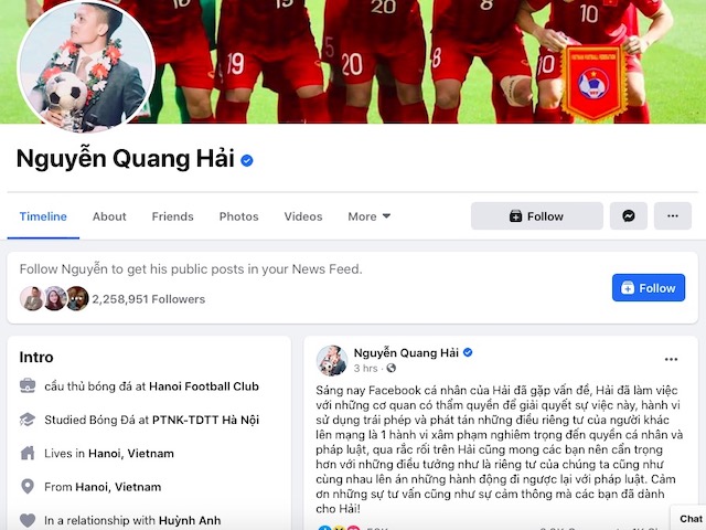 Tài khoản Facebook của Quang Hải bị hack, tung loạt tin nhắn riêng tư