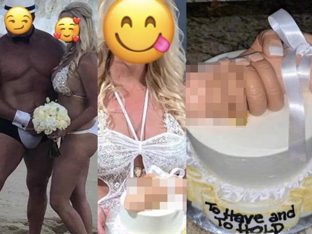Cô dâu mặc bikini khiến quan khách bối rối, nhìn chiếc bánh cưới còn hốt hoảng hơn