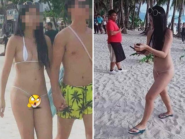 Hoảng hốt với cô gái đi dạo với bạn trai trên bờ biển với bikini bé bằng… sợi dây