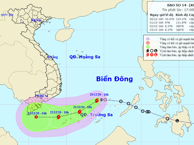 Tin mới nhất về bão số 14: Tâm bão cách đảo Song Tử Tây khoảng 120km về phía Nam, gió giật cấp 10