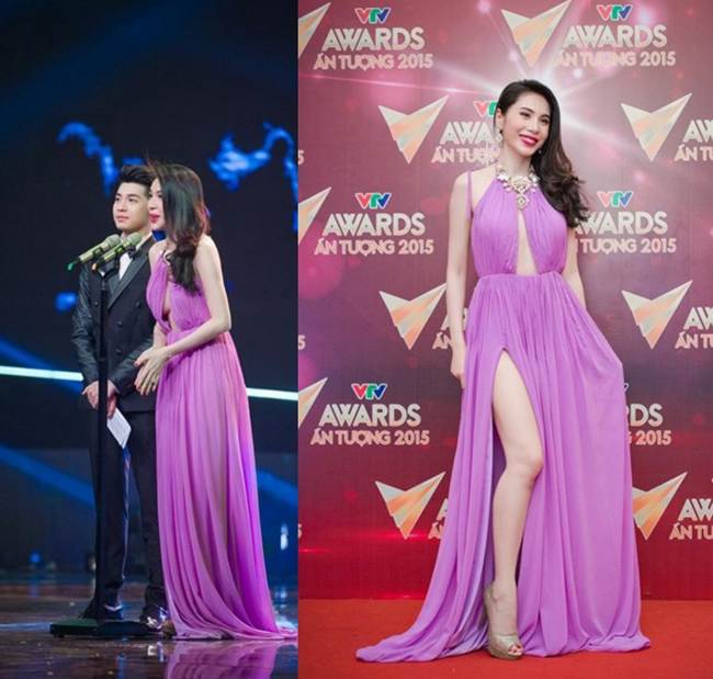 Nữ ca sĩ xuất hiện trên thảm đỏ giải thưởng Ấn tượng VTV Awards 2015 cùng đàn em trong chiếc đầm dạ hội màu tím được cắt xẻ táo bạo, khoe chân dài nuột nà cũng như vòng mọt đầy đặn, gợi cảm.