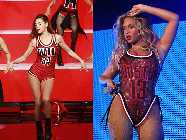 Trang phục diễn kiểu này cũng từng bị cho là &#34;nhái&#34; của Beyonce. Tuy nhiên, Hà Hồ và nhà thiết kế đều khẳng định, việc mặc trang phục in&nbsp;số tương tự&nbsp;là xu hướng chung.