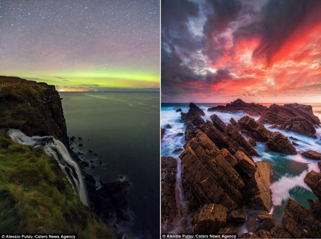 Thác Kilt Rock ở Scotland &#40;trái&#41; và bờ biển Hartland Quay ở Devon &#40;phải&#41;.