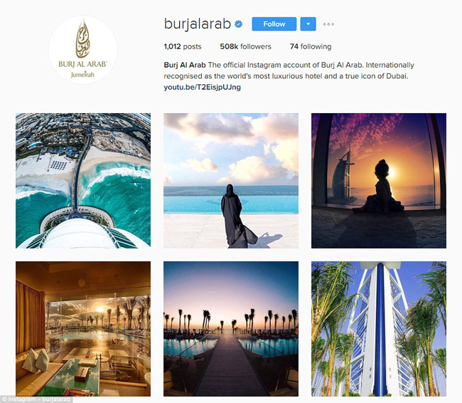 Burj Al Arab hiện là khách sạn có lượng người theo dõi trên Instagram lớn nhất thế giới &#40;lên tới nửa triệu người&#41;.