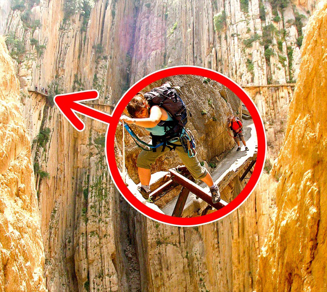 4. El Caminito del Rey:&nbsp;El Caminitio del Rey trong tiếng Tây Ban Nha có nghĩa là “Lối mòn nhỏ của nhà vua”. Đây là một công trình xây dựng với những đường ray bằng thép ngay trong tảng đá. Lối đi nằm ngay giữa hai thác nước Chorro và Gaitanejo tại Malaga, Tây Ban Nha, nó rất cao so với mặt đất. Lối đi chỉ dài 1.8 miles và rộng 3.2 feet.