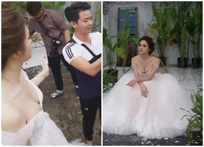 Bộ váy cưới o ép vòng một khiến Hương Giang Idol suýt bị lộ ngực trong hậu trường chụp ảnh.