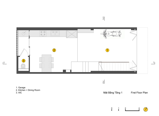 Tầng 1 là khu vực để xe, bếp và bàn ăn.