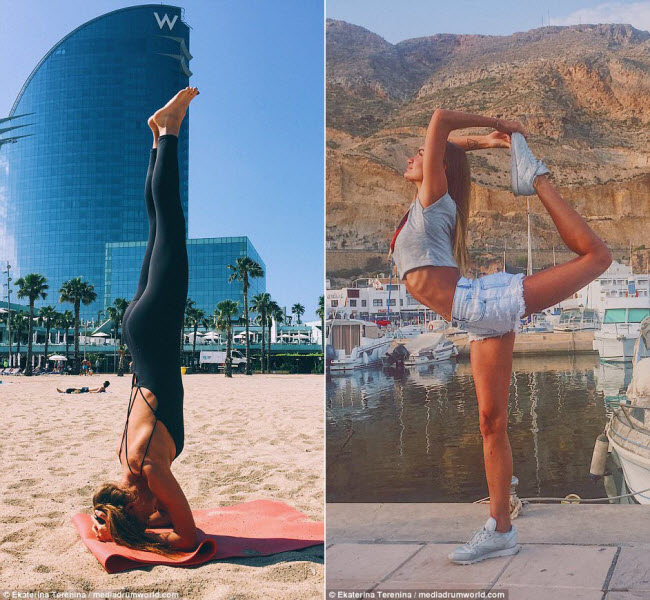 Ekaterina tập yoga trên bãi biển ở Barcelona &#40;trái&#41; và bến du thuyền ở Almeria &#40;phải&#41;.