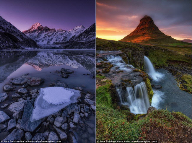 Núi Cook (trái) là đỉnh núi cao nhất ở New Zealand với chiều cao 3.724 m. Bức ảnh bên phải được chụp tại Kirkjufell, một trong những địa điểm đẹp nhất ở Iceland.
