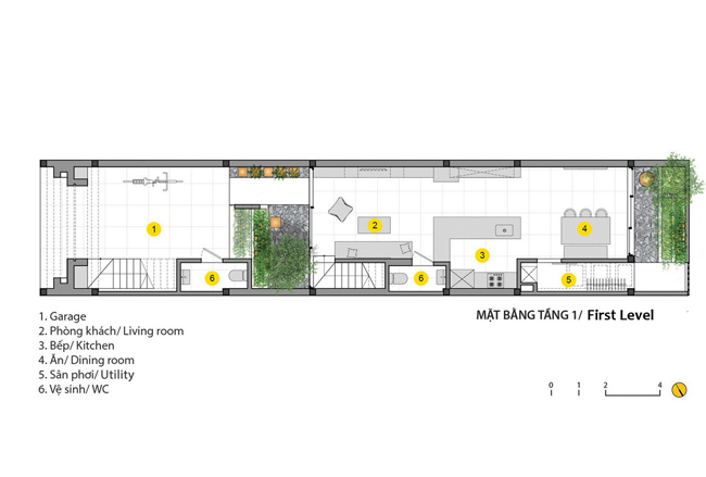 Bản vẽ tầng 1.&nbsp;Các khu vườn đan xen trong nhà không quá rộng nhưng tạo được sự xuyên suốt cần thiết, giúp không gian sống gần gũi với tự nhiên.