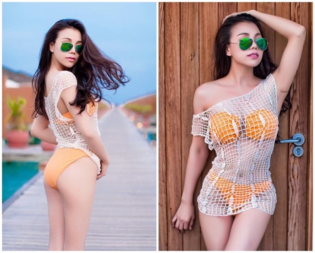 Bí quyết tạo ấn tượng đầu tiên của Trà Ngọc Hằng là chọn bikini với gam màu nóng khi kết hợp với áo lưới càng kích thích thị giác người đối diện.