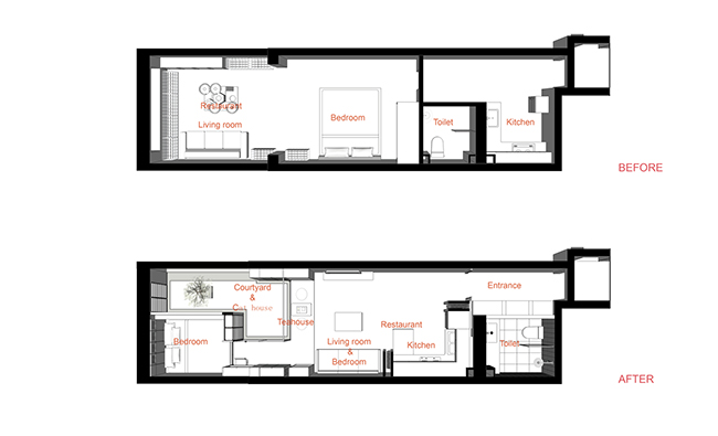 Bản vẽ thiết kế của căn hộ trước và sau khi được cải tạo.