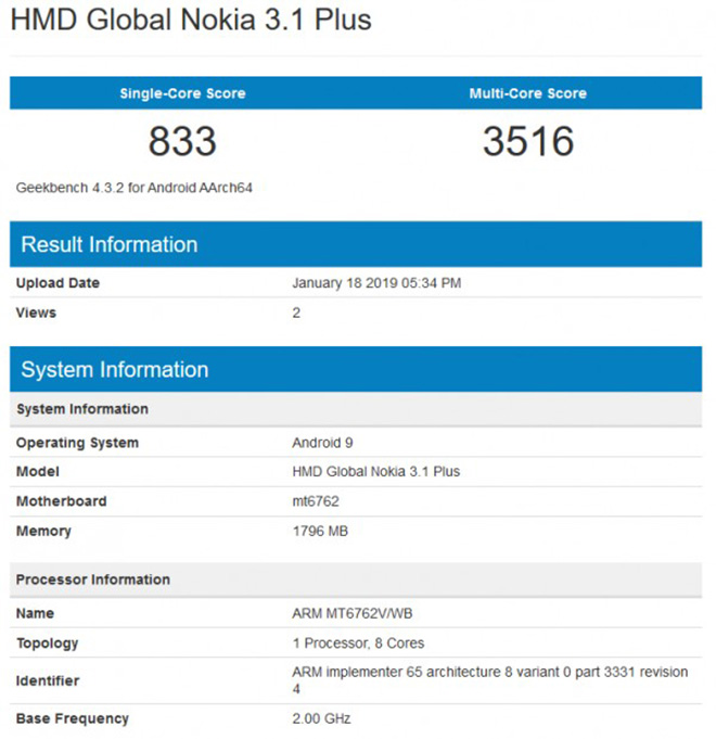 Nokia 3.1 Plus chạy Android Pie xuất hiện phép thử GeekBench - 2