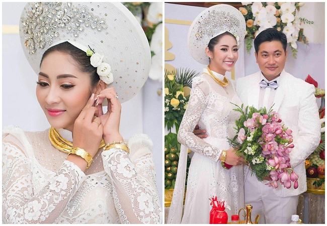 Đặng Thu Thảo - Hoa hậu Đại dương 2014 tổ chức đám cưới với doanh nhân tên Phúc Thành, quê An Giang vào cuối tháng 11.2018. Hình ảnh người đẹp Cần Thơ đeo vàng &#34;trĩu cổ&#34; cùng đám cưới hoành tráng càng khiến nhiều người tò mò hơn về cuộc sống của cô sau khi lập gia đình.