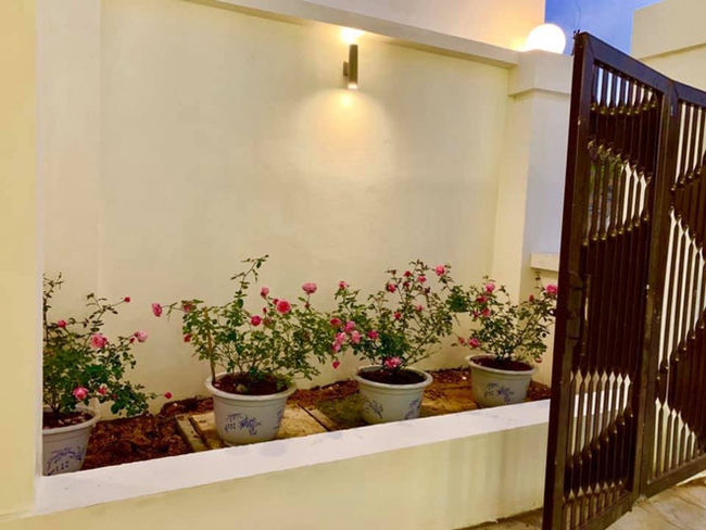 Lối đi vào cổng căn biệt thự được trang trí bằng những chậu hoa và cây cảnh, tạo không gian sinh động, hòa mình với thiên nhiên.