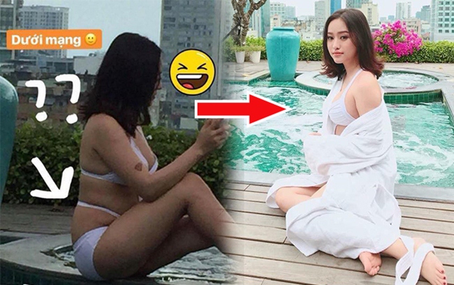Hot girl Thúy Vi bị cư dân mạng tung bức ảnh so sánh trước và sau photoshop khi cô nàng thực hiện bộ ảnh bikini ở bể bơi.