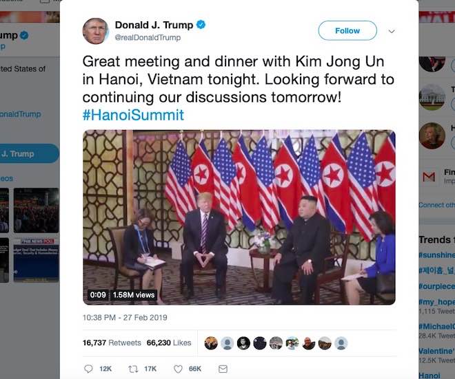 Ông Donald Trump &#34;tweet&#34; về cuộc gặp và bữa ăn tối với ông Kim Jong Un tại Hà Nội - 1