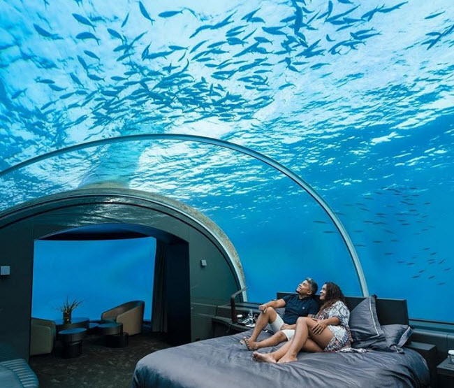 Khách sạn Conrad Maldives Rangali có phòng ngủ nằm dưới mặt nước với cửa sổ kính và trần trong suốt, giúp du khách có thể vừa ngồi trên giường vừa chiêm ngưỡng cá bơi bên ngoài biển.