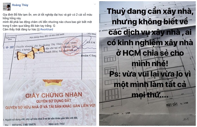 Đầu năm 2018, Hoàng Thùy đã chia sẻ việc tìm chủ thầu xây dựng căn nhà hiện tại. Chân dài 9X cho biết, mảnh đất này cô đã mua khá lâu nhưng do bận tham gia cuộc thi nhan sắc và công việc riêng nên chưa sắp xếp xây nhà. &#34;Chỉ là ngôi nhà nhỏ nhỏ, xinh xinh thôi. Khi nào hoàn thiện tôi sẽ chụp hình và khoe với mọi người”, Hoàng Thuỳ tiết lộ.