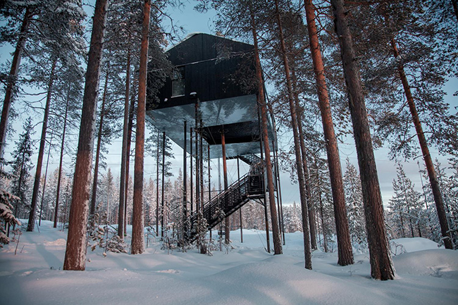 Trong khu rừng thông rộng lớn ở phía Bắc Thụy Điển, căn nhà Treehotel trở nên nổi bật khi nằm cheo leo cạnh những thân cây cao vút. Được thiết kế bởi công ty kiến trúc Snøhetta, ngôi nhà có tầm nhìn tuyệt đẹp hướng về những ngọn cây Lapland và sông Lule