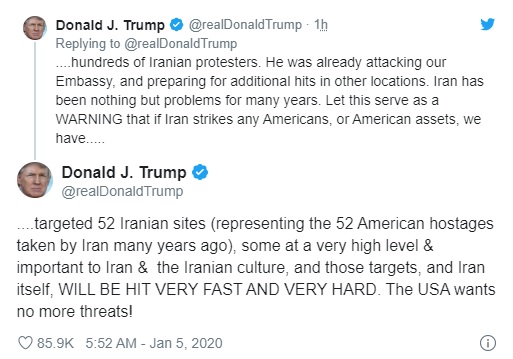 Ông Trump cảnh báo tấn công 52 mục tiêu của Iran.