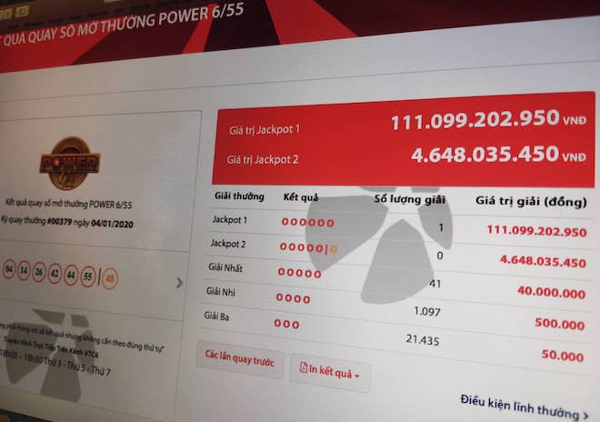 Đã có vé Vietlott đầu tiên trúng jackpot trong năm 2020 với trị giá giải thưởng hơn 111 tỉ đồng.