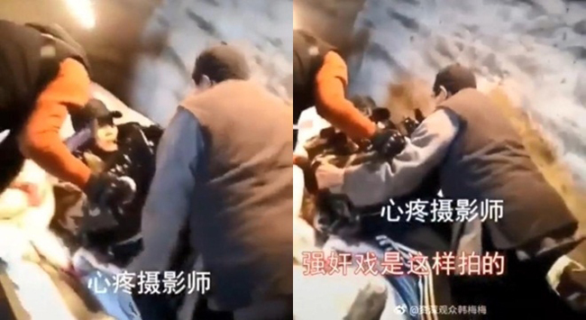Một cảnh quay cưỡng bức trong bộ phim Trung Quốc. Theo đó, trên phim trường, nam chính đang phải "hành động" cùng một chiếc máy quay và bên dưới, người quay phim đang phải "gồng mình" chống chọi.