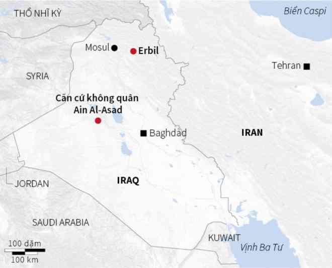 Hai căn cứ quân sự có quân Mỹ đồn trú bị tấn công: Erbil và Ain al-Asad Nguồn: REUTERS