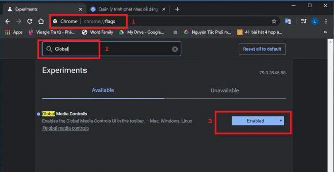 Đầu tiên trong thanh địa chỉ bạn hãy nhập vào thành địa chỉ dòng lệnh chrome://flags. Tiếp tới mục tìm kiếm bạn ghi&nbsp;Global Media Controls&nbsp;sẽ hiện ra dòng tiện ích, bạn ấn vào ô Default và chọn lại là Enabled.