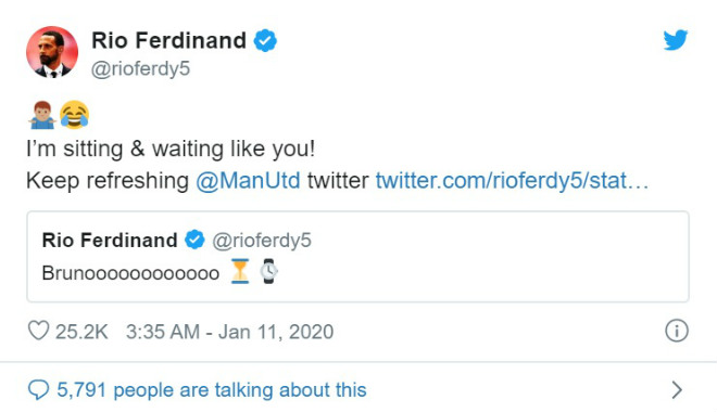 Rio Ferdinand mạnh miệng tuyên bố trên trang Twitter cá nhân về việc chờ Bruno Fernandes sắp cập bến MU