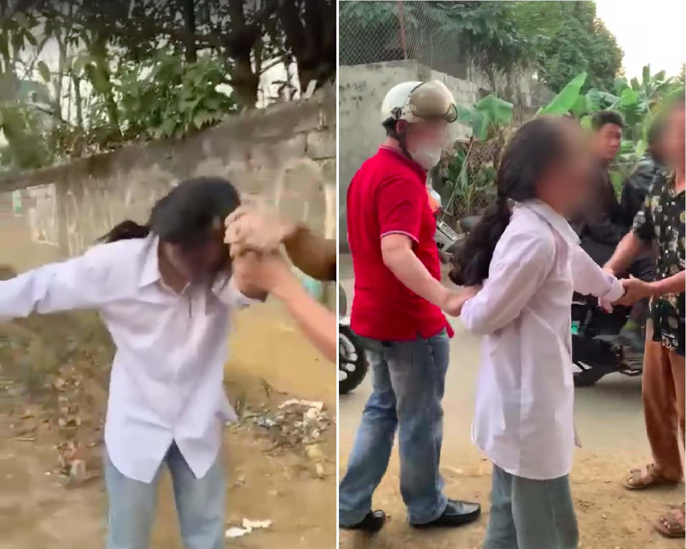 Nữ sinh bị các phụ huynh chặn đánh vì tham gia đánh hội đồng bạn học. Ảnh cắt từ clip