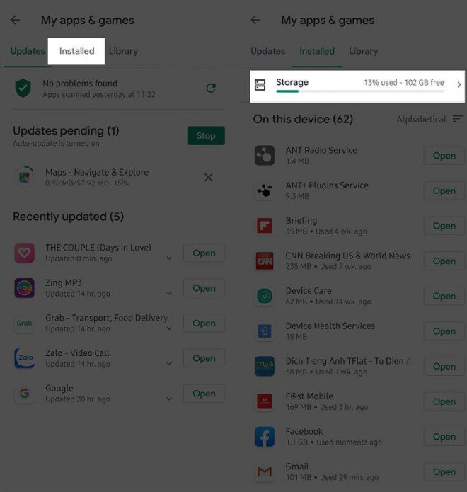 Trong mục quản lý My apps &amp; games bạn chọn vào tap&nbsp;Installed (Đã Cài đặt), tiếp đó bạn chọn vào thanh Storage (Bộ nhớ).