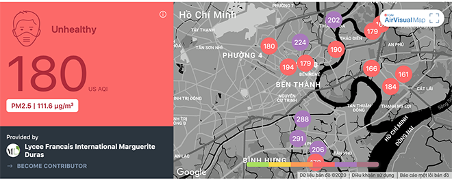 Cập nhập ứng dụng Air Visual vào trưa 18/1, khắp nơi ở TP hiển thị màu đỏ (tức không khí ô nhiễm có hại cho sức khỏe). Thậm chí, có khu vực xuất hiện màu tím (mức rất có hại cho sức khỏe).