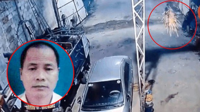 Đối tượng truy nã Lý Văn Sắn (ảnh nhỏ) và hiện trường vụ nổ súng (ảnh cắt từ camera an ninh)
