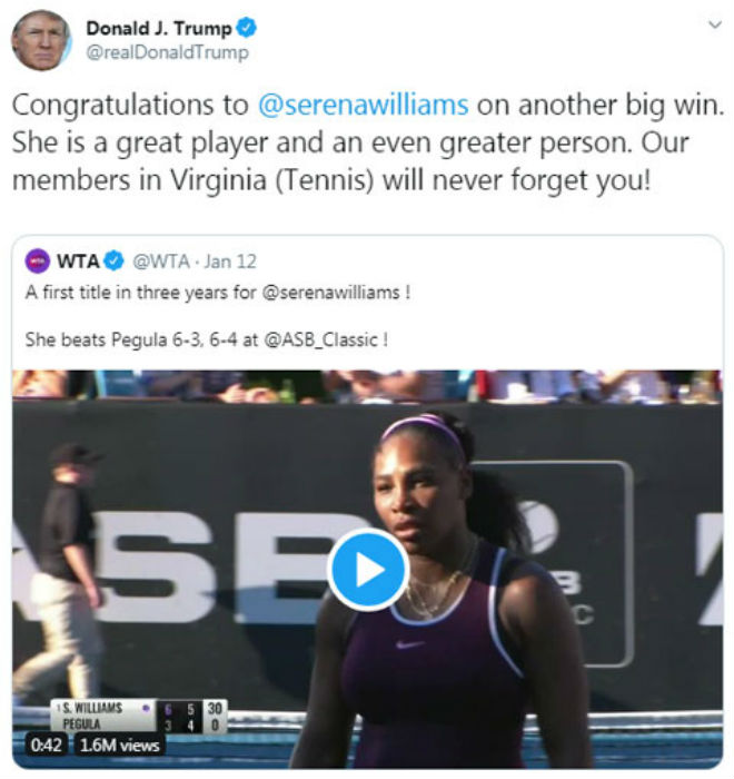 Tổng thống Mỹ Donald Trump chúc mừng Serena Williams trên trang Twitter