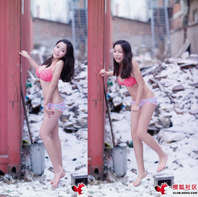 Ảnh hậu trường chụp ảnh của người mẫu này cho thấy cô rét run cầm cập chứ không hề tươi tắn như bức ảnh bên trái. 