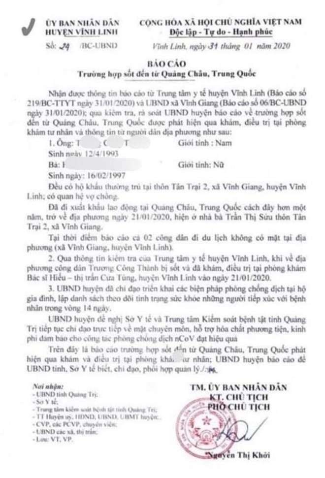 Báo cáo của UBND huyện Vĩnh Linh (Quảng Trị) về trường hợp bị sốt sau khi trở về từ Quảng Châu (Trung Quốc).