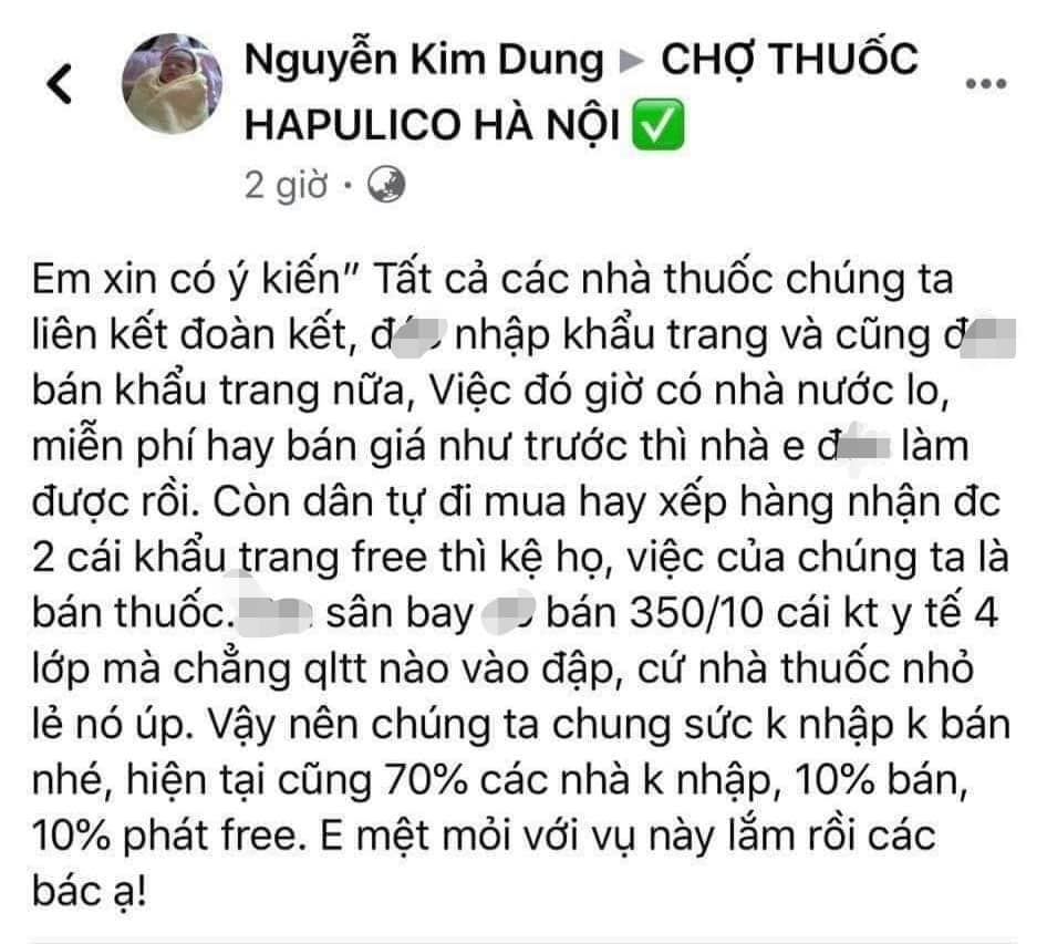 Một bài đăng trên mạng xã hội Facebook kêu gọi các nhà thuốc không nhập, không bán khẩu trang.