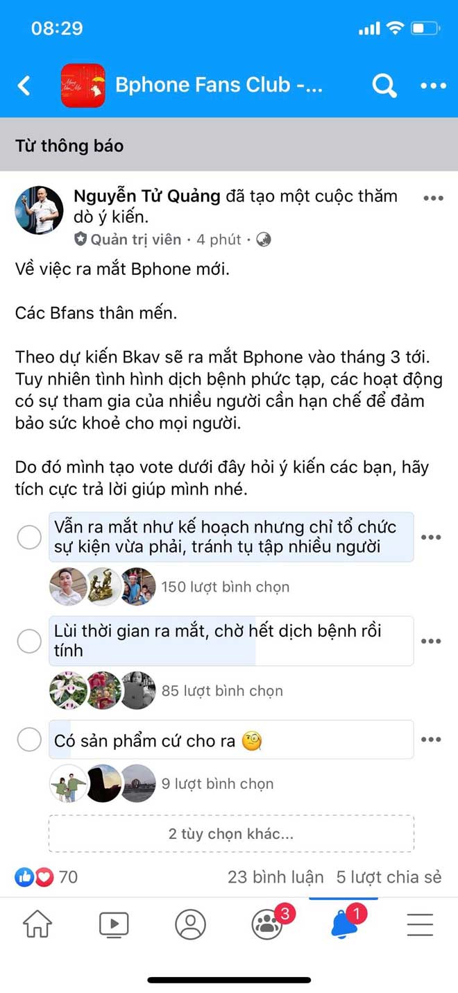 Dự kiến ra mắt tháng 3/2020 nhưng&nbsp;&nbsp;trước dịch bệnh virus Corona, ông Quảng đang trưng cầu ý kiến các thành viên về khả năng lùi lại lịch ra mắt hoặc tổ chức với quy mô nhỏ hơn, thay vì sự kiện lớn như 3 đời Bphone trước.