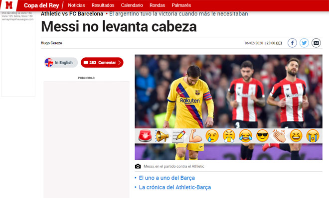 Báo chí Tây Ban Nha giật tít: "Messi không thể ngẩng đầu" để chê trách anh và Barca lại thua cay đắng Bilbao 0-1 lần thứ 2 liên tiếp mùa này