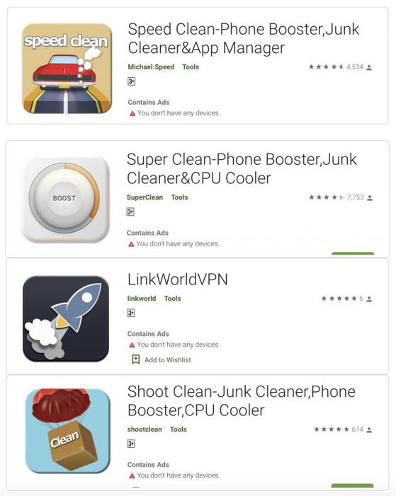 Danh sách các ứng dụng độc hại trên Google Play. Ảnh: Trend Micro
