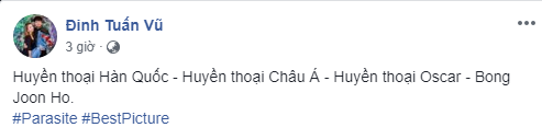 Đạo diễn Đinh Tuấn Vũ ca ngợi bộ phim và đạo diễn Bong Joon Ho là huyền thoại