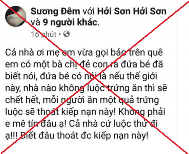 Thông tin ăn trứng luộc “sẽ thoát kiếp nạn” khiến dư luận hoang mang. Ảnh chụp màn hình.