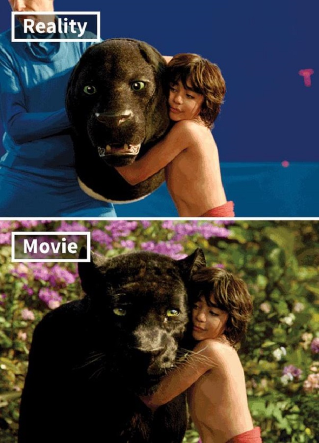"Cậu bé rừng xanh" ôm một mô hình thú bông trong khung hình có phông xanh nhưng khi lên phim lại là ôm chú mèo khổng lồ trong rừng