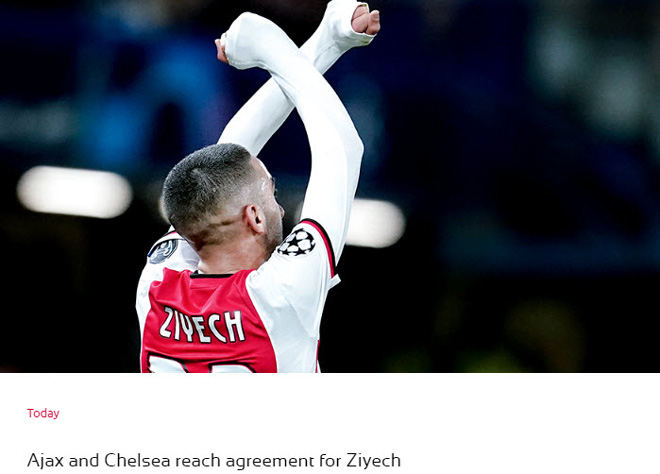 Ajax ra thông báo về việc đạt thỏa thuận bán Hakim Ziyech