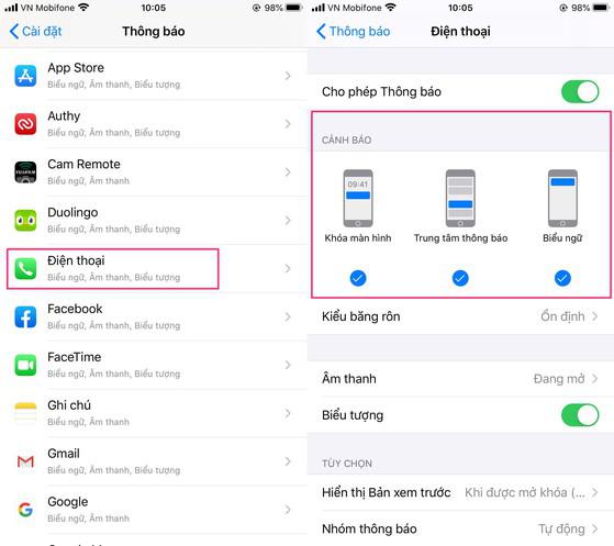 Cho phép ứng dụng Phone (điện thoại) hiển thị thông báo. Ảnh: MINH HOÀNG