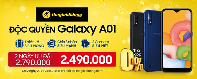 Cơ hội sở hữu Galaxy A01 với giá chỉ 2,49 triệu đồng cùng trả góp 0%, duy nhất tại Thế Giới Di Động vào 22-23/2.